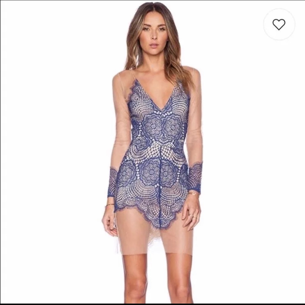 For Love And Lemons Cobalt And Tan Lace Illusion Dress